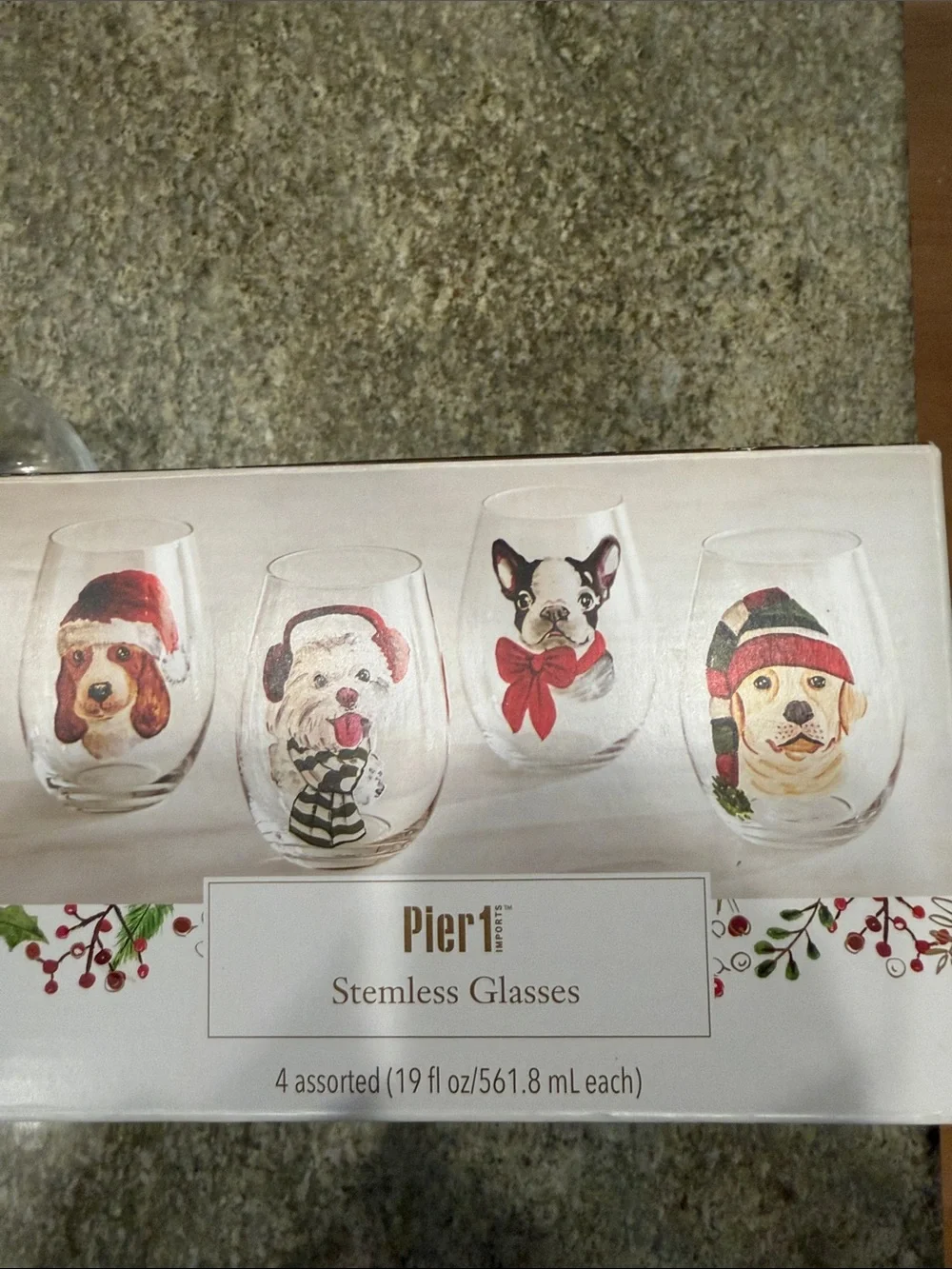 Pier 11Holiday Dog Stemless Wine Glasses - Set of 4 NIB